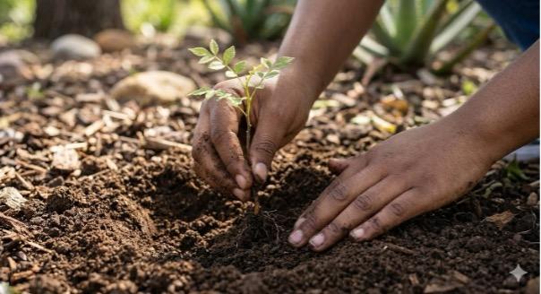 Field ranger planting an indigenous sapling